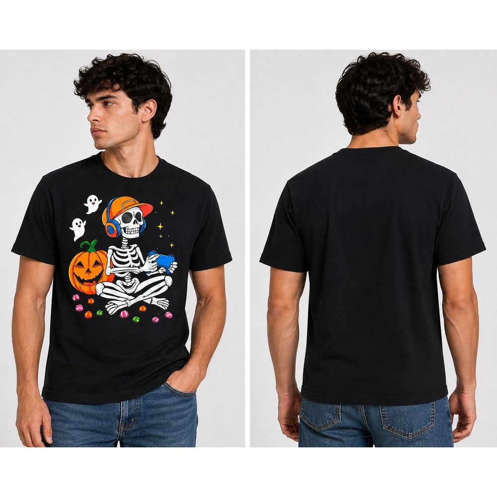 Halloween Skeleton Gamer Graphic T-Shirt Black Mens Large Gaming Pumpkin Ghosts